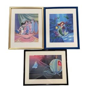 Disney Princess Ariel Cinderella Framed Prints Set 3 Kids Room Wall Art